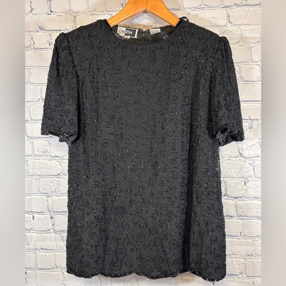 VINTAGE Carina 80s Black Holiday Festive Party Classic Beaded Silk Top S